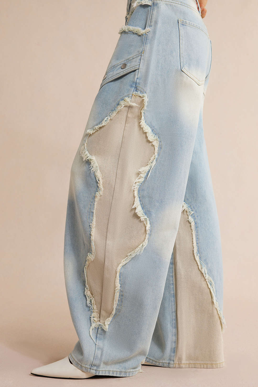 Denim Patchwork Frayed Rivets Barrel Leg Jeans