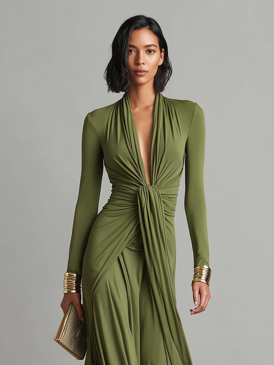 Olive Silky Elásticoy Dress With Deep Escote en V & Ruched Detail, Glamorous Chalecoido maxi