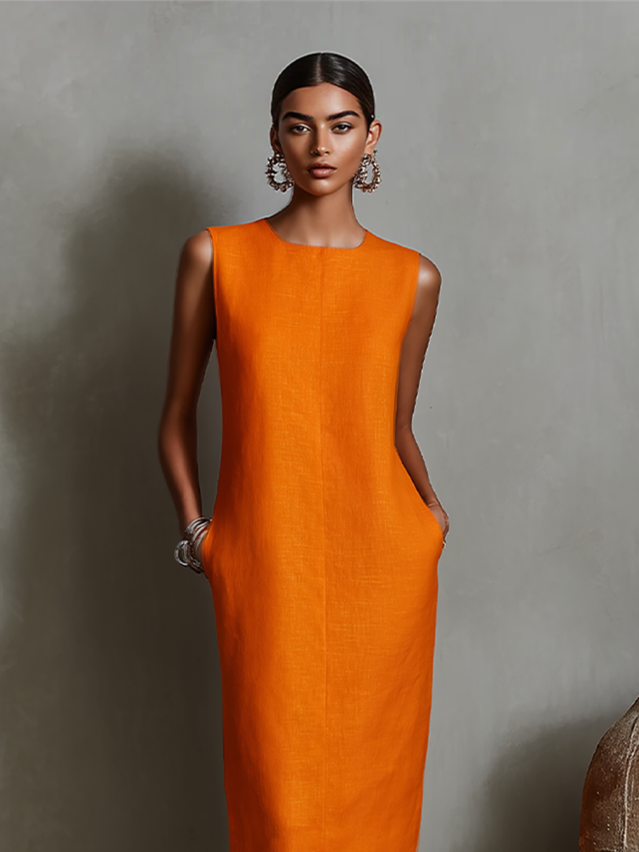 Naranja Linen Shift Dress With Sin mangas Cuello redondo & Side Pockets, Timeless Minimalista-Elegante Style Dress