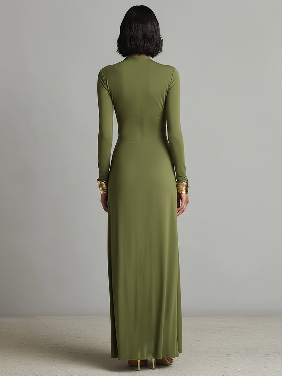 Olive Silky Elásticoy Dress With Deep Escote en V & Ruched Detail, Glamorous Chalecoido maxi