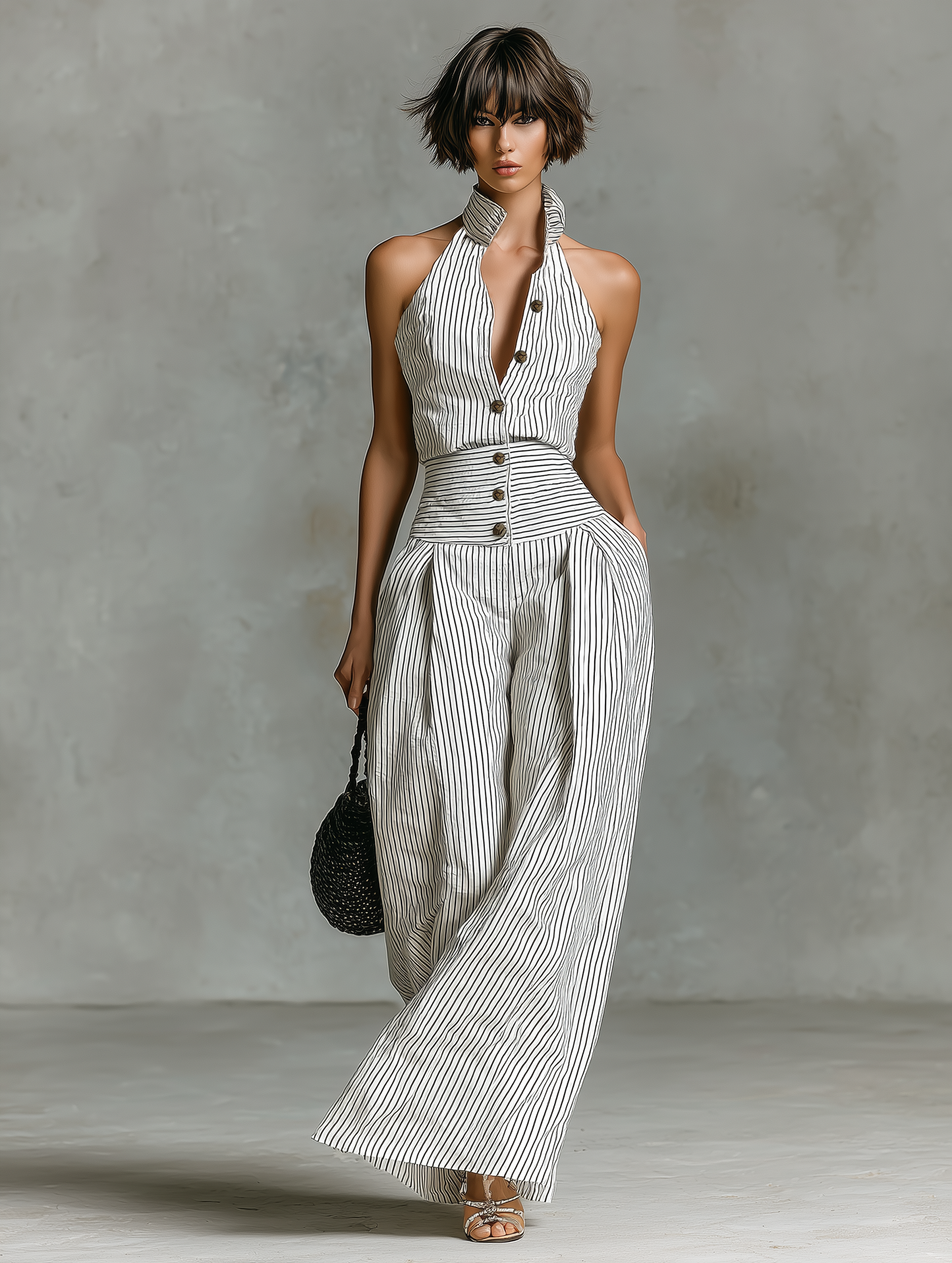 Minimalista Striped Linen Sin mangas Single-Breasted Mono