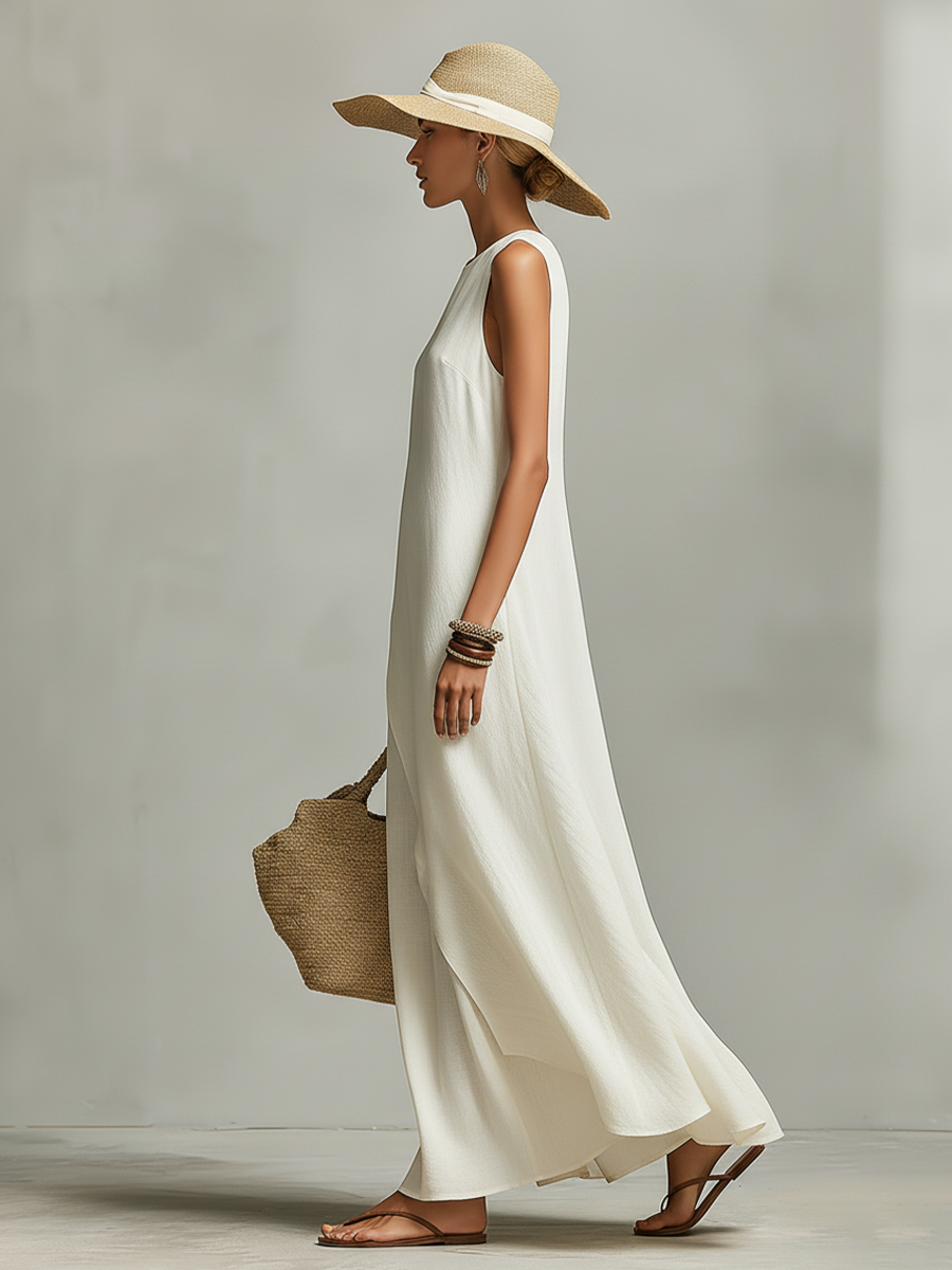 Marfil Transpirable Linen Dress With Sin mangas Detail & Asymmetric Hem, Contemporary Casual-Feminine Style Dress