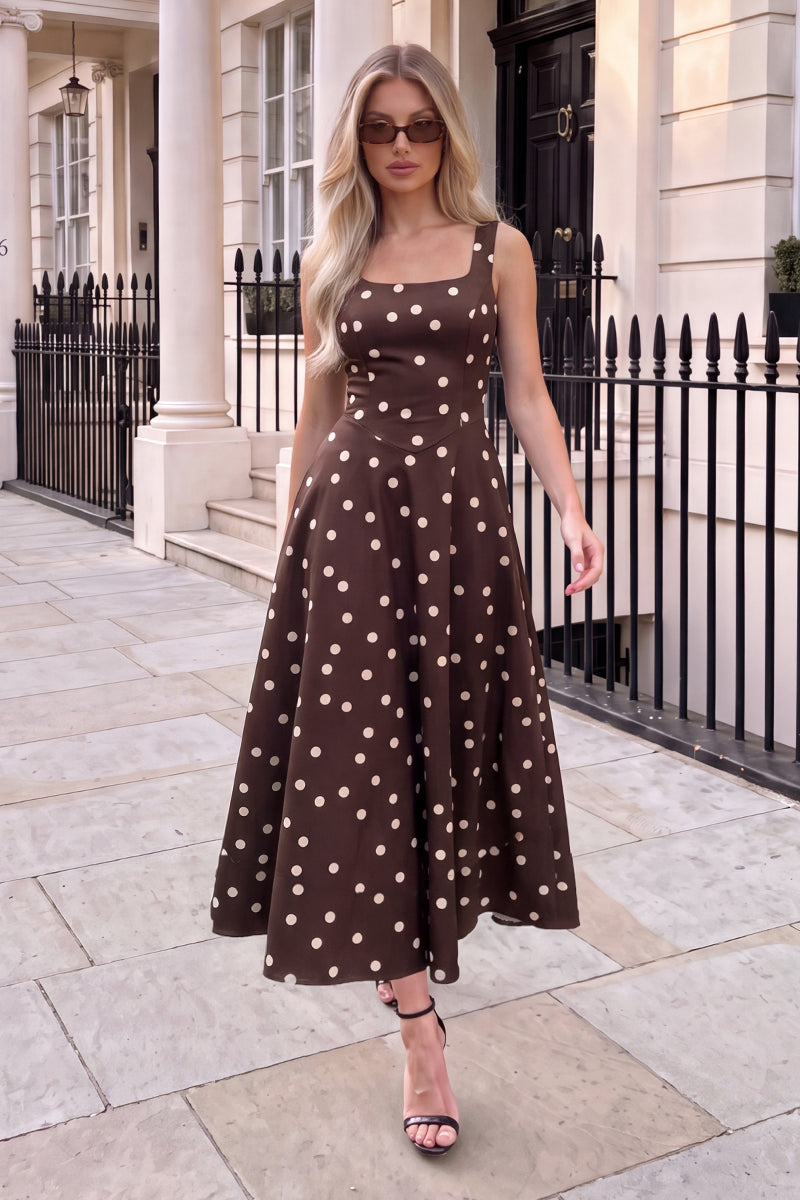 Chocolate Polka Dot Square Neck A-Line Midi Dress
