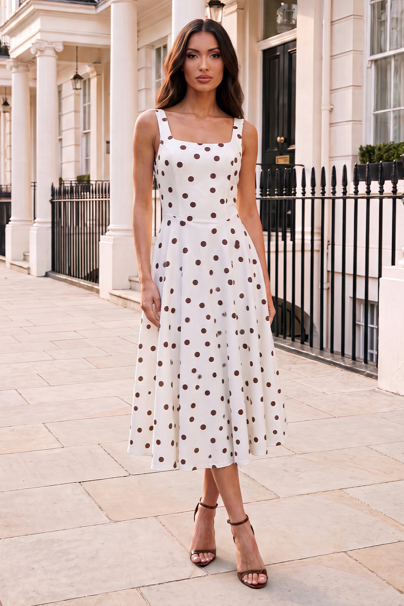 Cream And Chocolate Polka Dot Square Neck A-line Midi Dress