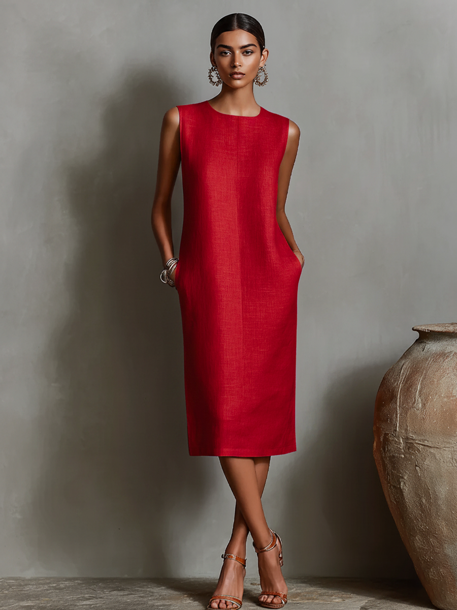 Naranja Linen Shift Dress With Sin mangas Cuello redondo & Side Pockets, Timeless Minimalista-Elegante Style Dress