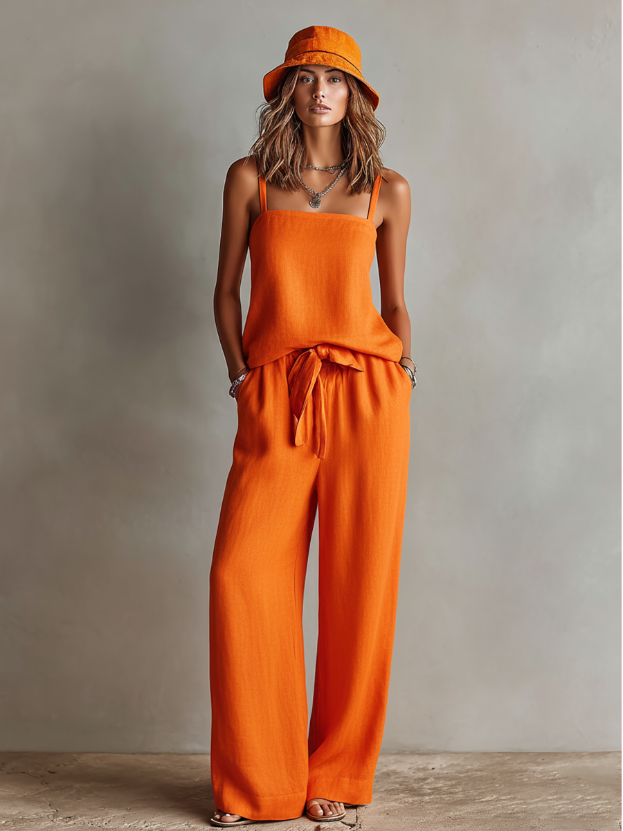 Naranja Linen Two-Piece Conjunto With Square Neck Cami Top & Tie-Waist Pierna ancha Pantalón, Timeless Boho-Resort Style Conjunto