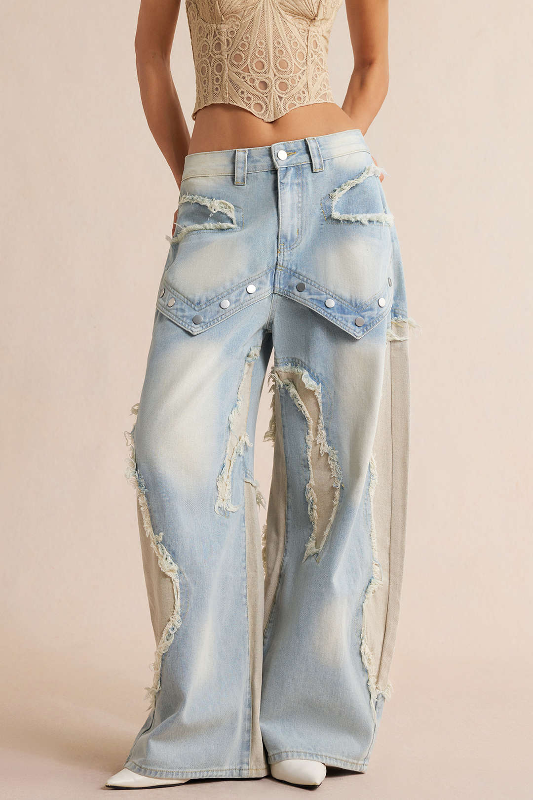 Denim Patchwork Frayed Rivets Barrel Leg Jeans