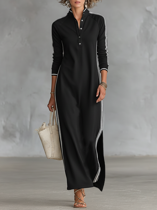 Vestido maxi tipo sudadera con cuello camisero y ribete blanco