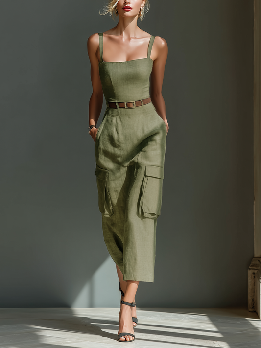 Vestido midi verde oliva con bolsillos cargo