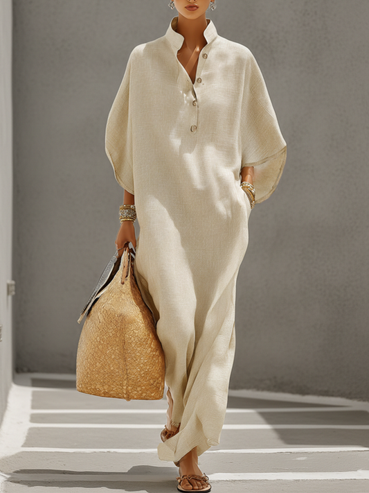 Vestido de lino avena con cuello mao y mangas dólman
