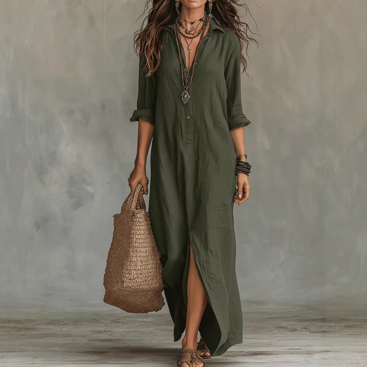 Céline | Vestido largo negro de corte holgado con botones delanteros