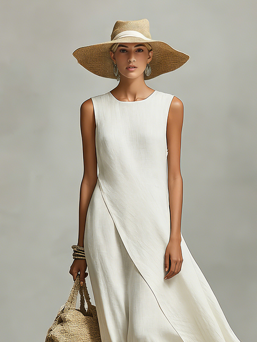 Marfil Transpirable Linen Dress With Sin mangas Detail & Asymmetric Hem, Contemporary Casual-Feminine Style Dress