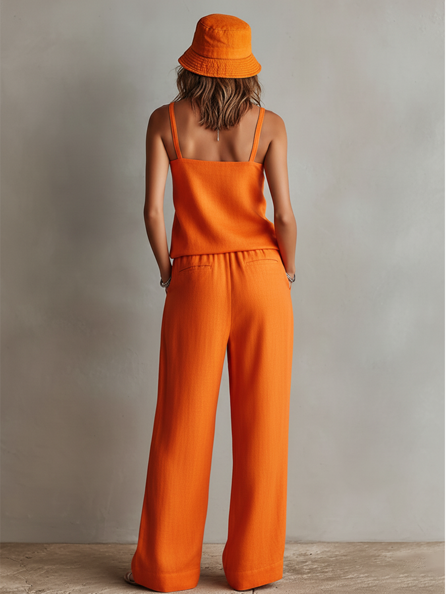Naranja Linen Two-Piece Conjunto With Square Neck Cami Top & Tie-Waist Pierna ancha Pantalón, Timeless Boho-Resort Style Conjunto