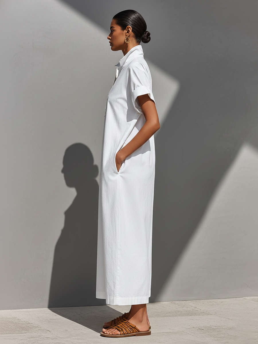 Blanco 100% Cotton Maxi Chalecoido camisero With Half-con cremallera Collar & Rolled Sleeves, Timeless Casual Everyday Dress