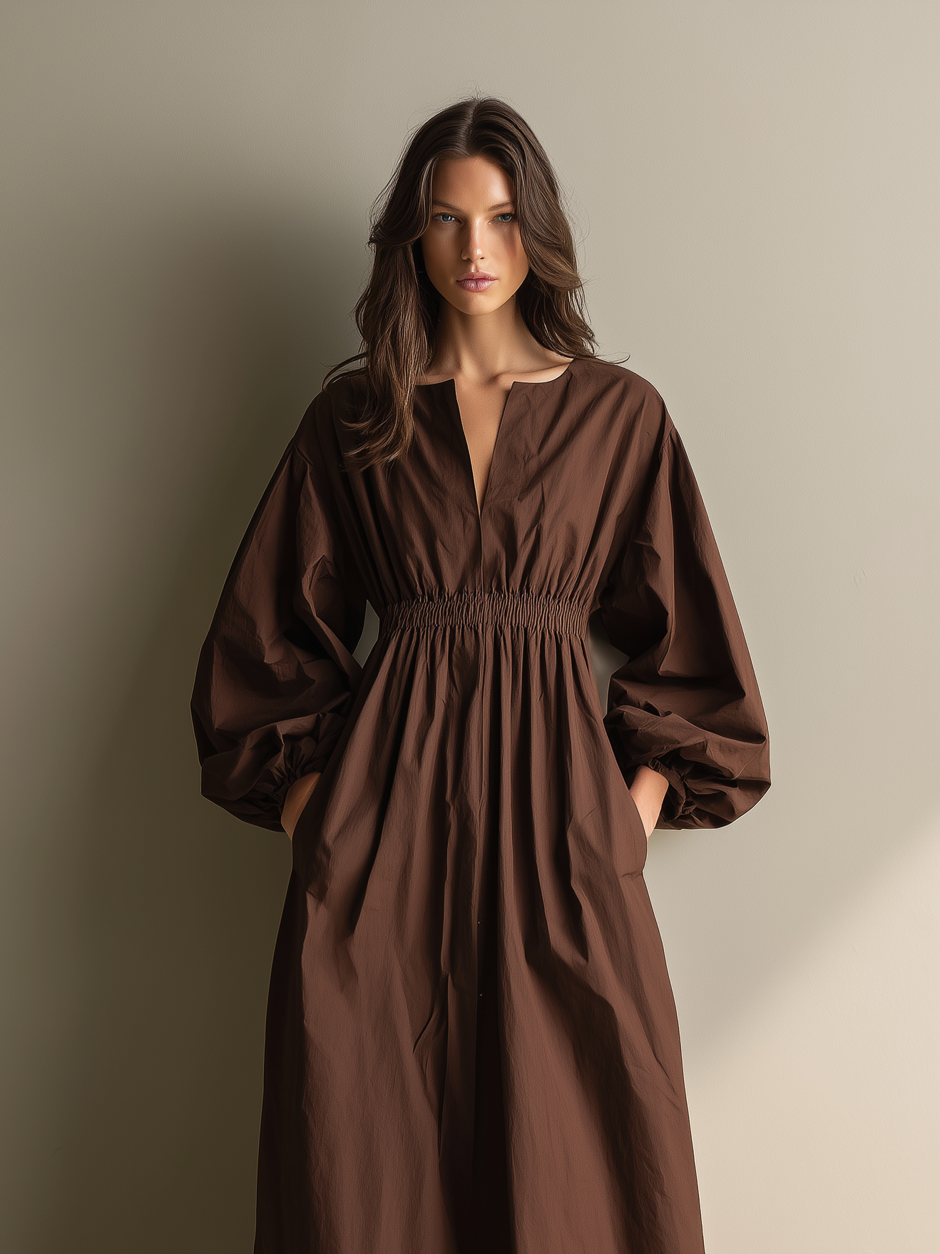 Casual Marrón Cotton And Linen Escote en V Manga larga Chalecoido maxi With Elastic Waist