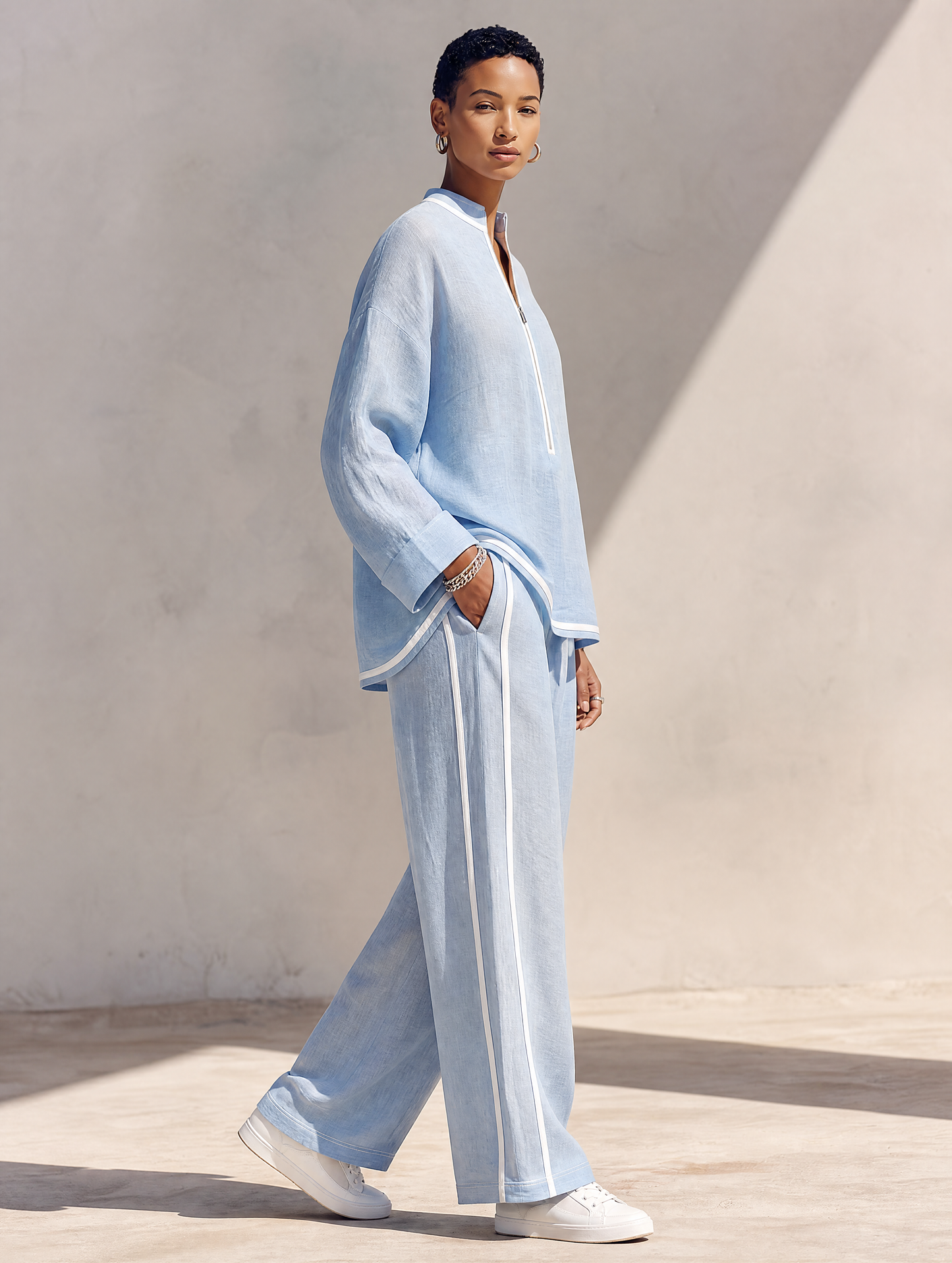Light‑Azul Linen Fabric Stand‑Collar Half‑con cremallera Oversize Top & Wide‑Leg Pantalón Conjunto
