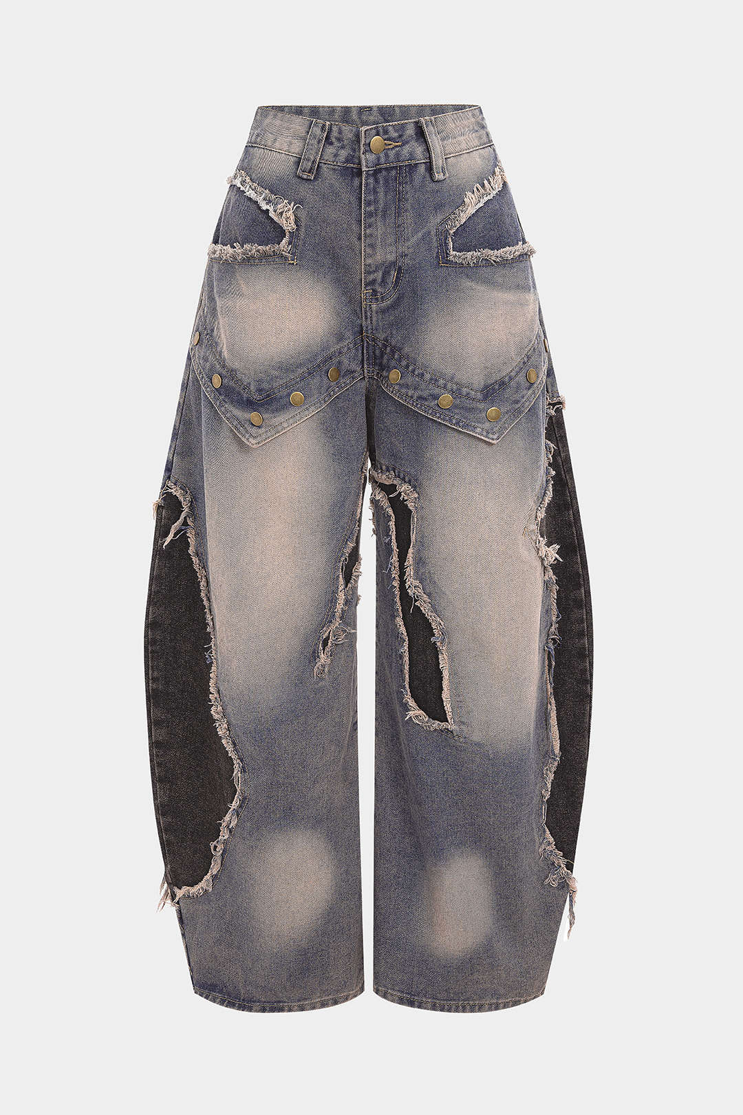 Denim Patchwork Frayed Rivets Barrel Leg Jeans