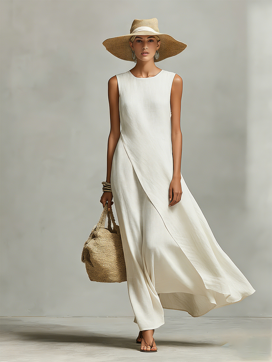 Marfil Transpirable Linen Dress With Sin mangas Detail & Asymmetric Hem, Contemporary Casual-Feminine Style Dress
