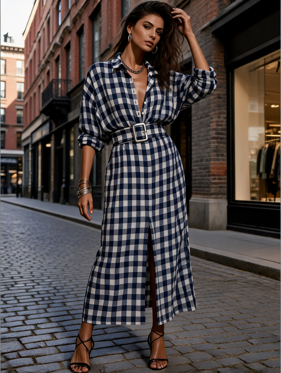 Casual Commuter Style Azul And Blanco Plaid Cotton con cinturón Front Slit Maxi Chalecoido camisero