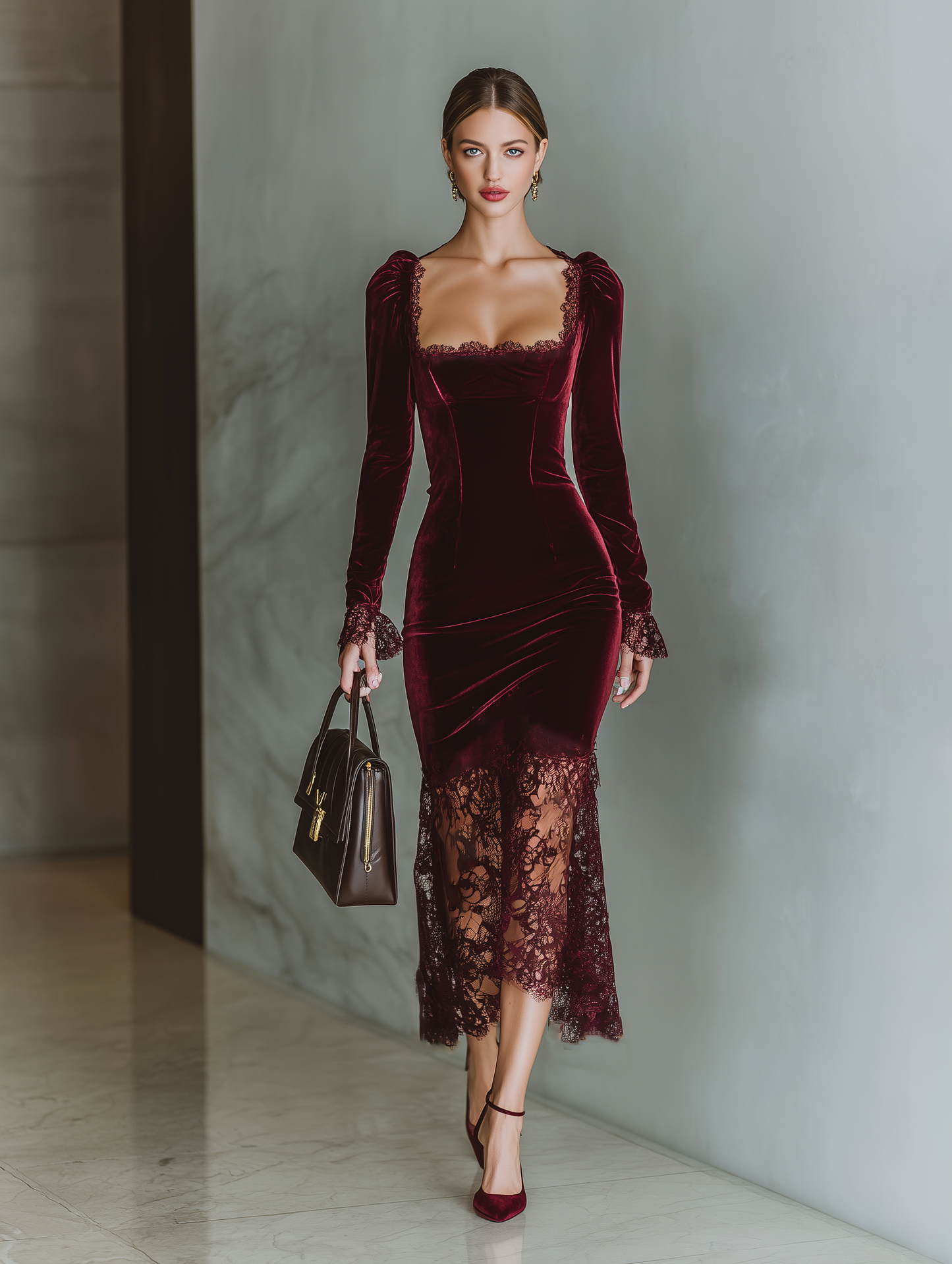 Burdeos Velvet Encaje Fitted Chalecoido maxi