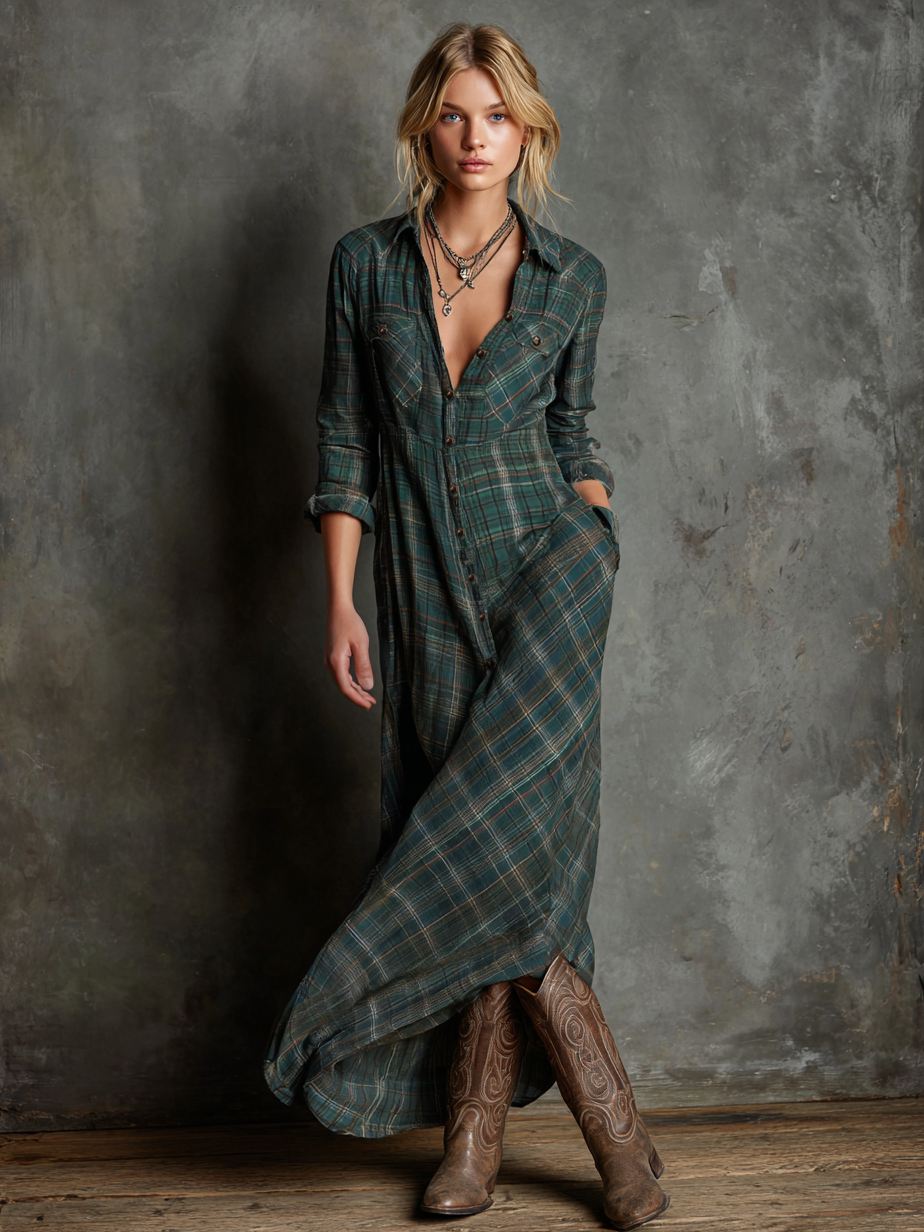 Plaid Lapel Single-Breasted Camisa Chalecoido maxi