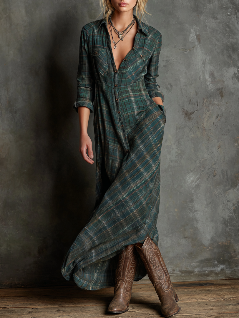 Plaid Lapel Single-Breasted Camisa Chalecoido maxi