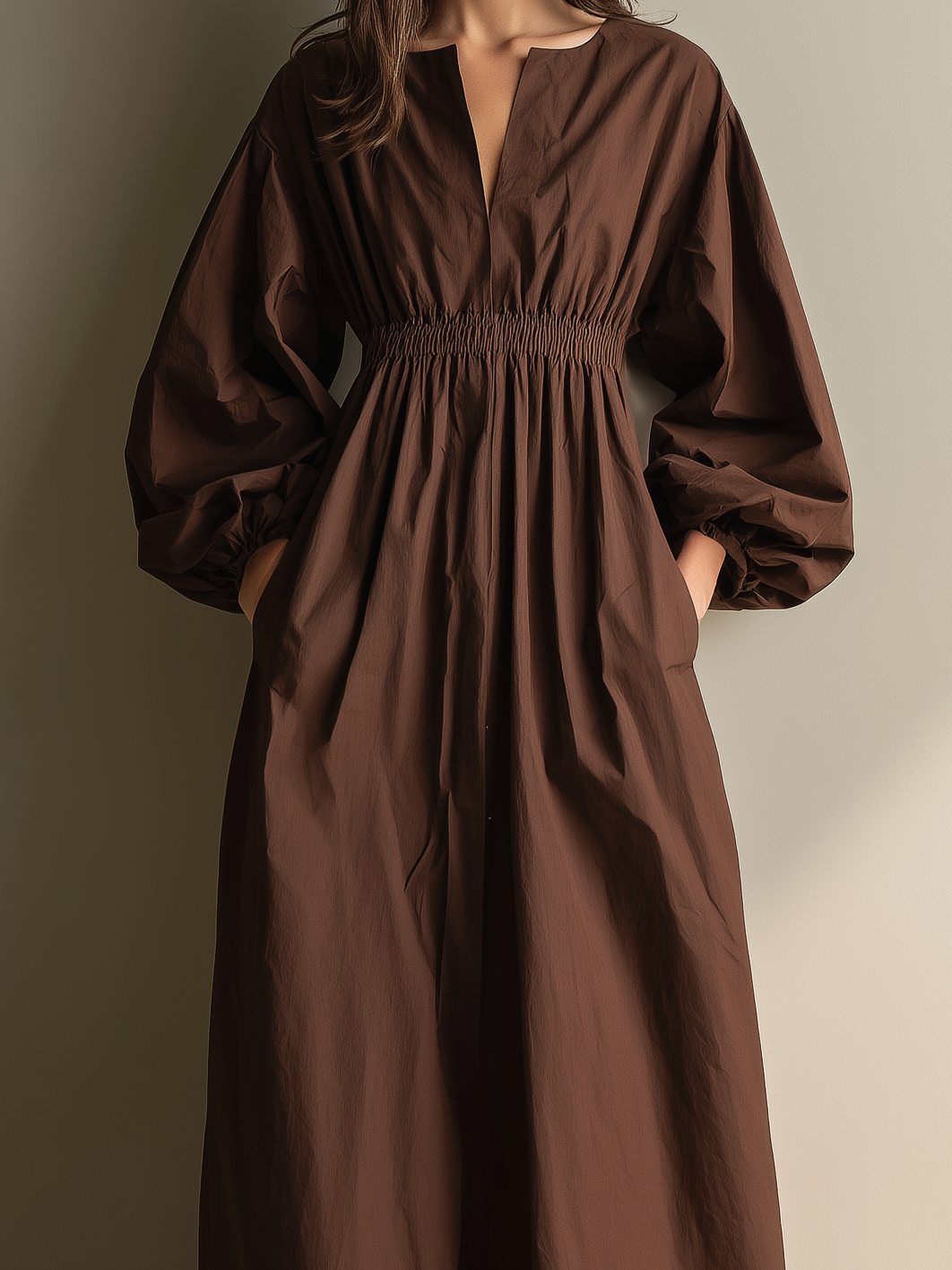 Casual Marrón Cotton And Linen Escote en V Manga larga Chalecoido maxi With Elastic Waist