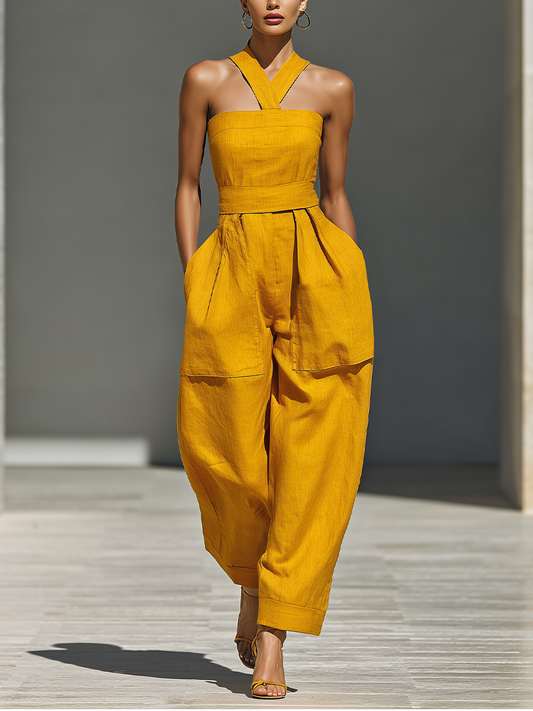 Mustard Amarillo Linen-Blend Mono With Crisscross Neckline & Relaxed Pantalón