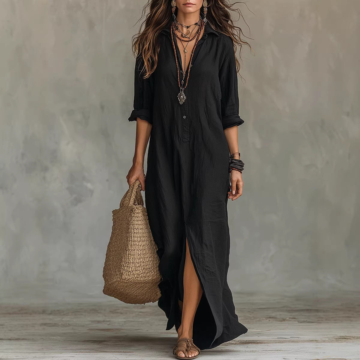 Céline | Vestido largo negro de corte holgado con botones delanteros