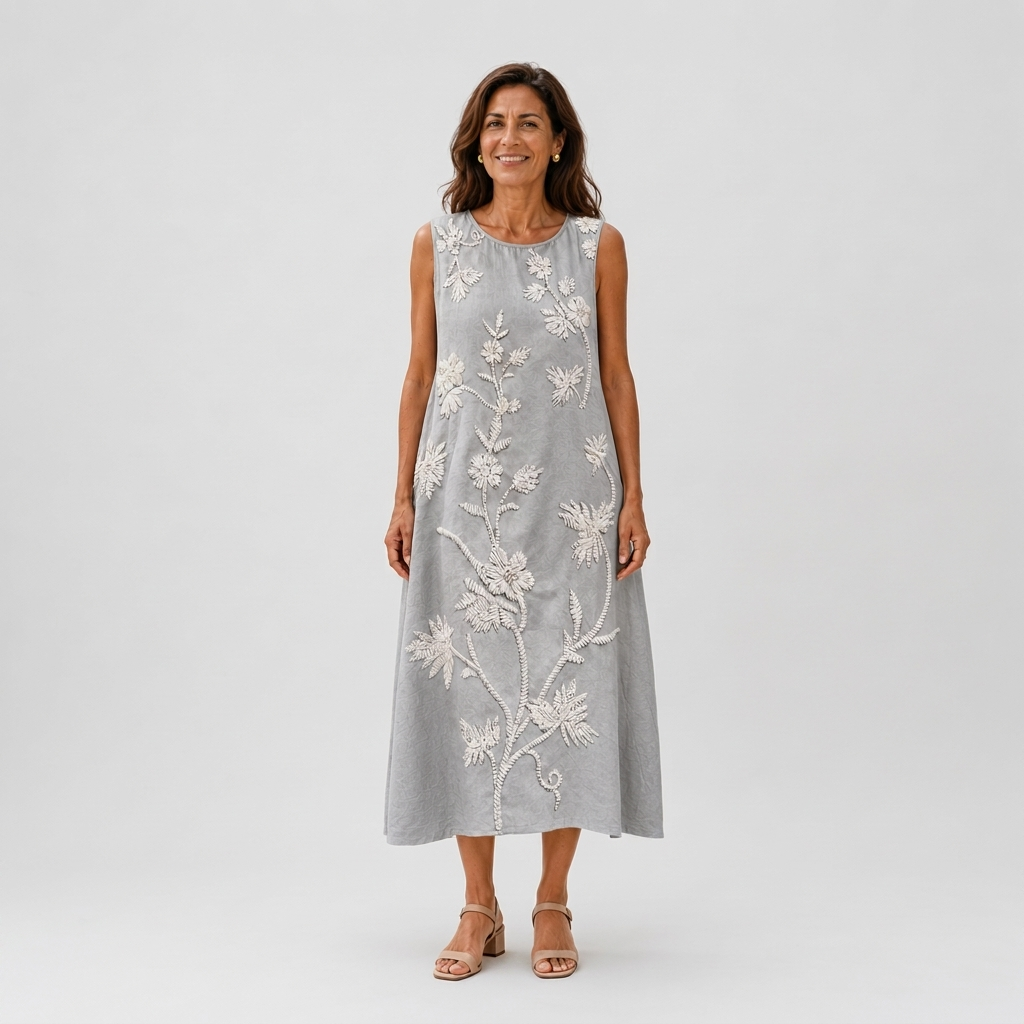 Graciela | Vestido midi gris con flores bordadas