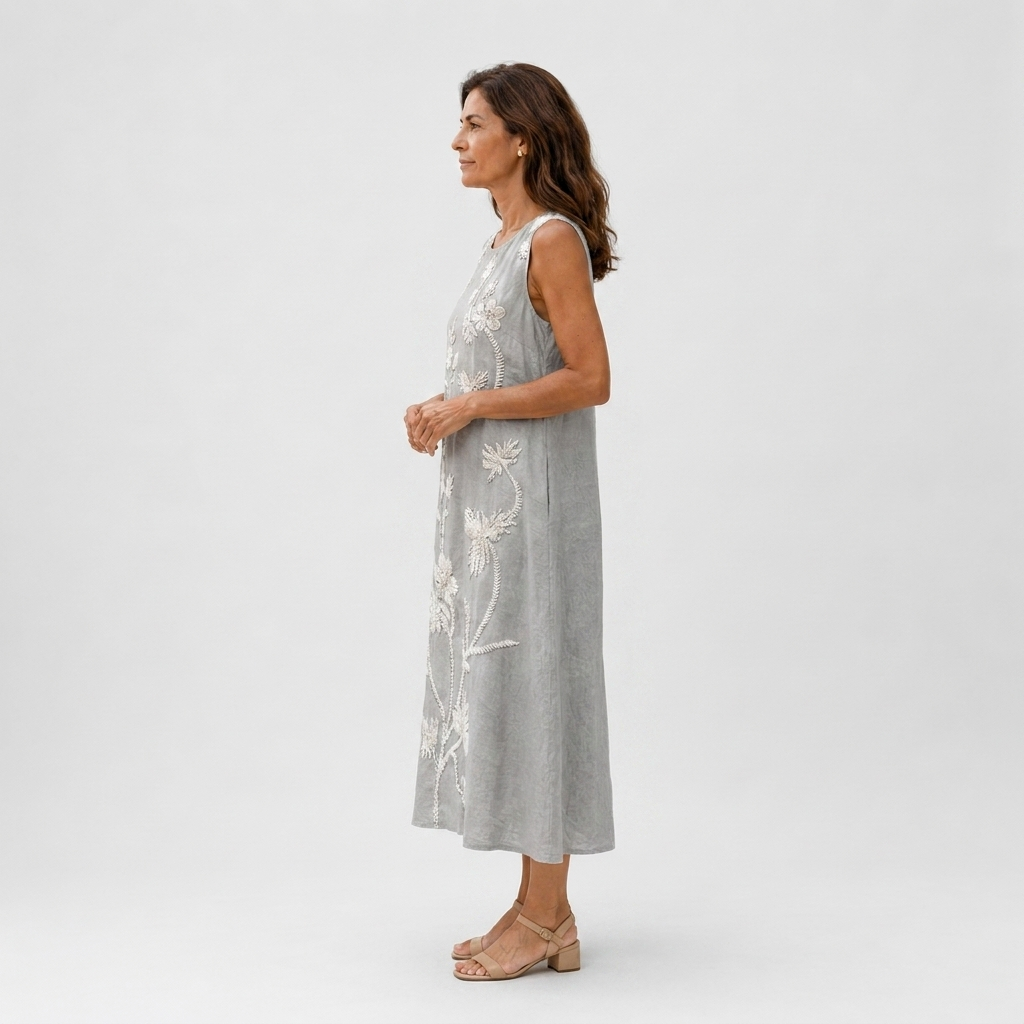 Graciela | Vestido midi gris con flores bordadas