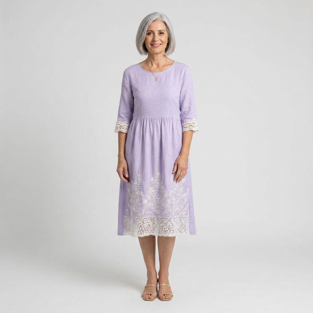 Lavanda | Vestido midi lila con encaje bordado