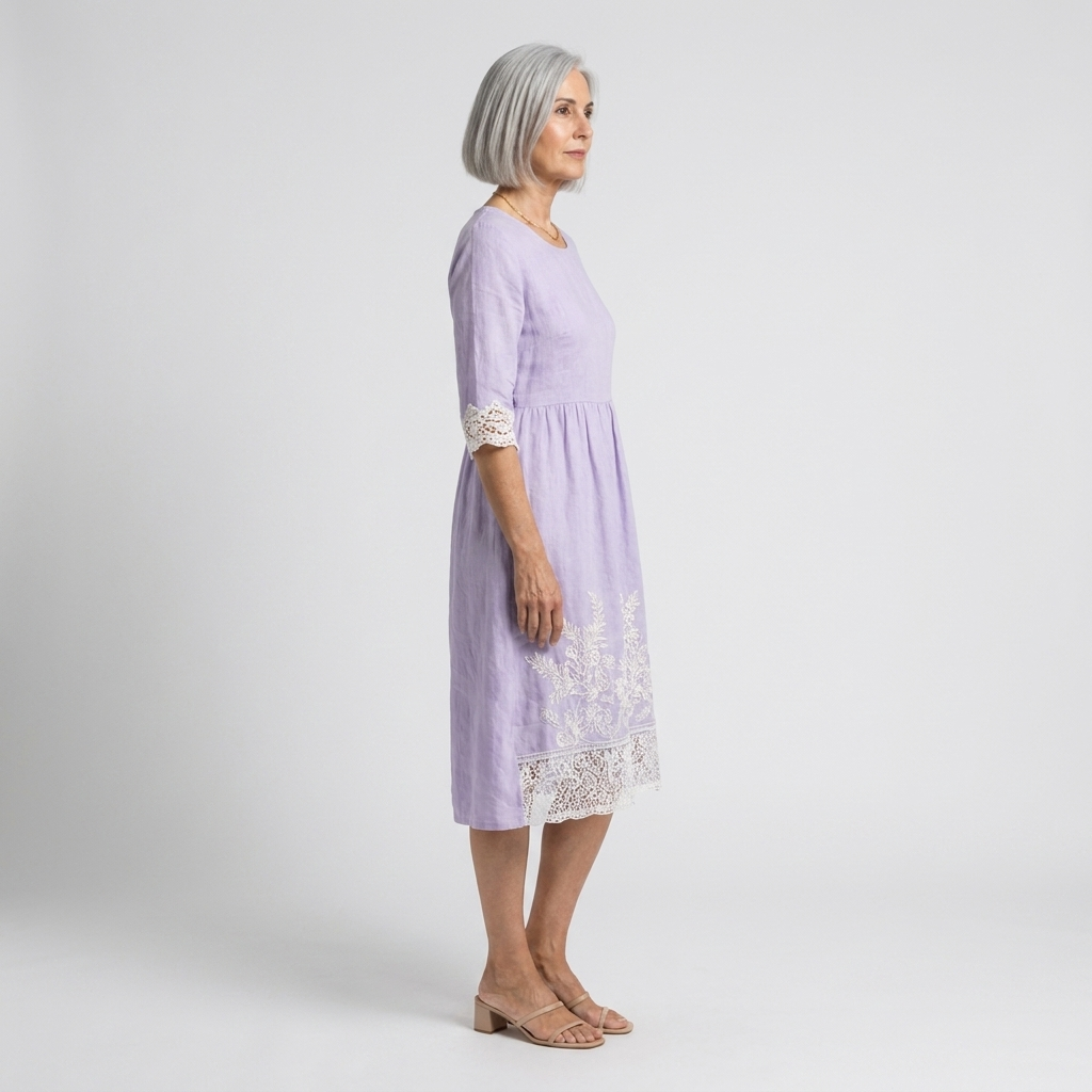 Lavanda | Vestido midi lila con encaje bordado
