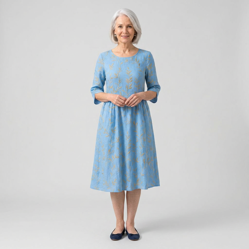Celestina | Vestido midi azul con bordado dorado
