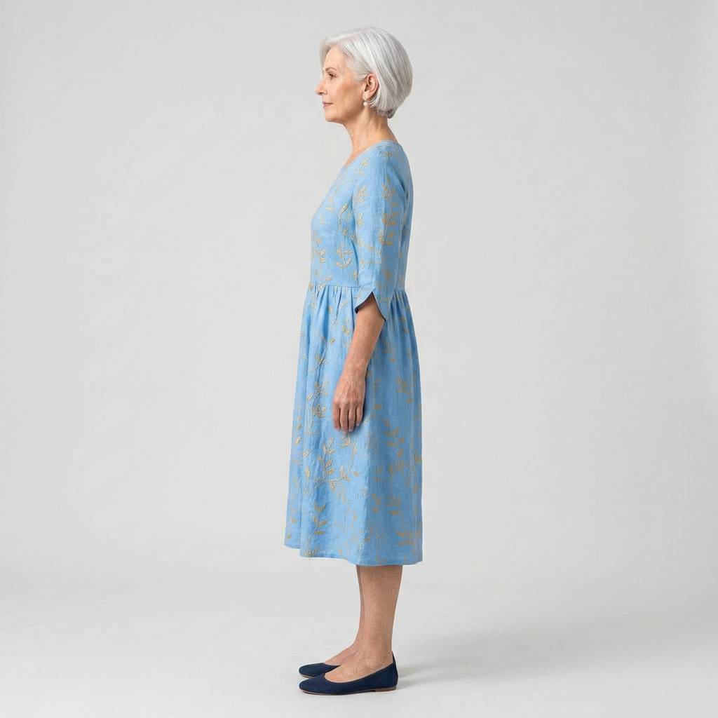 Celestina | Vestido midi azul con bordado dorado