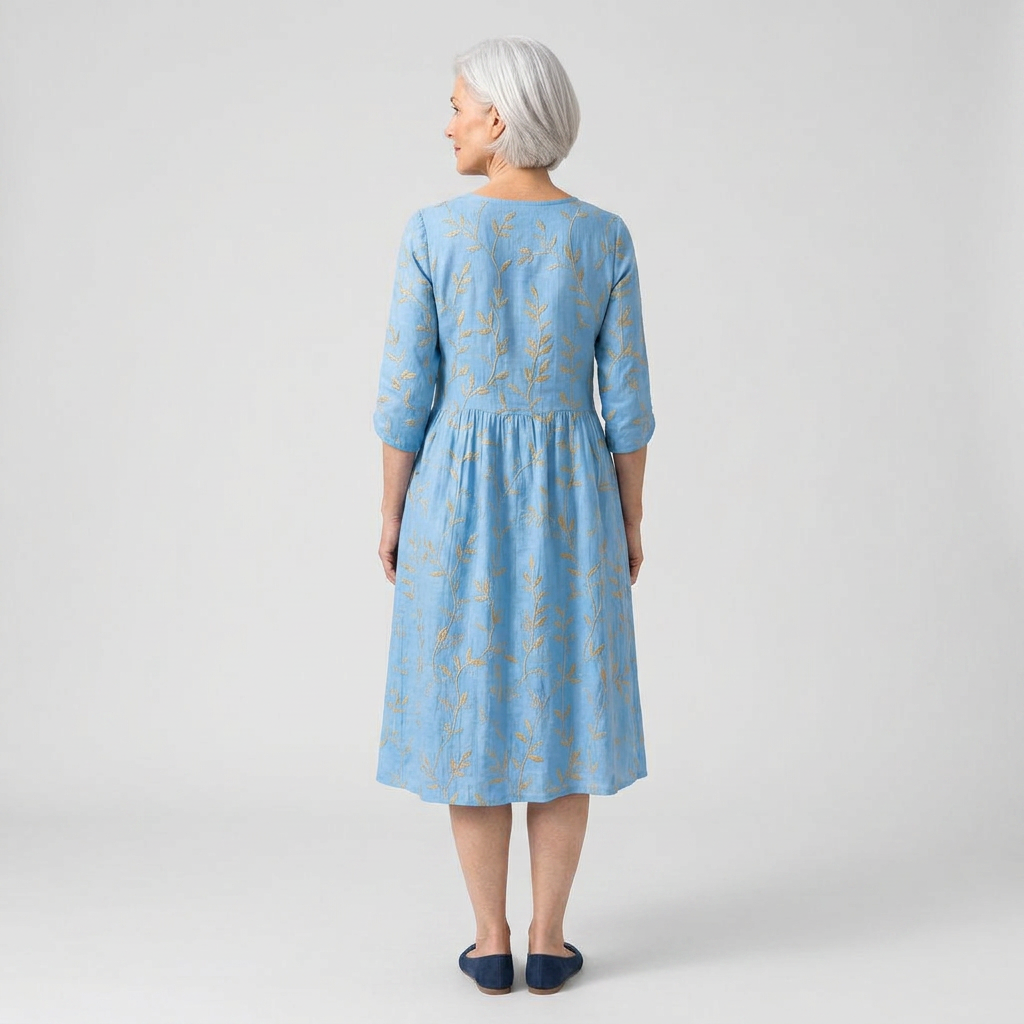 Celestina | Vestido midi azul con bordado dorado