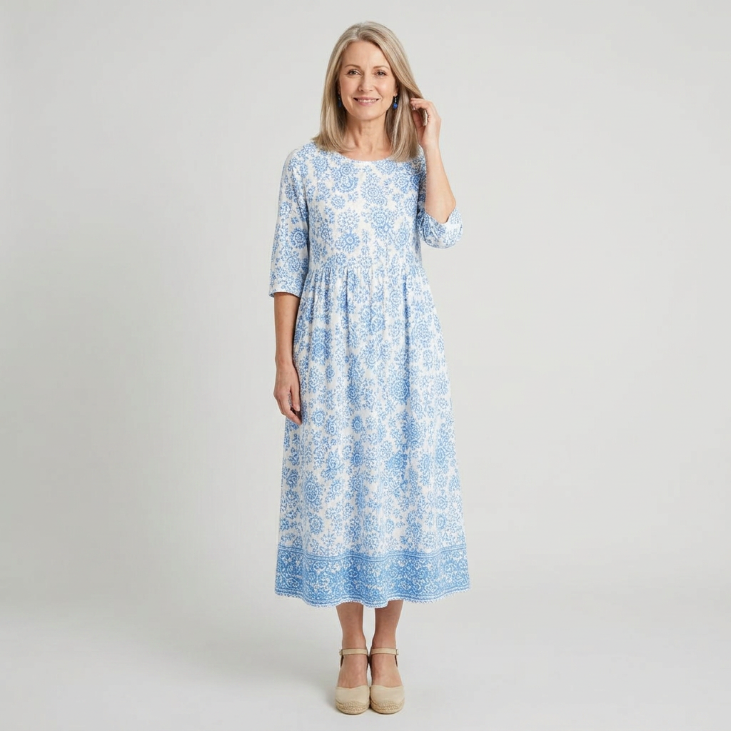 Azulena | Vestido midi blanco con estampado floral azul