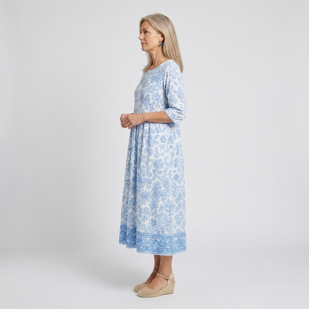 Azulena | Vestido midi blanco con estampado floral azul