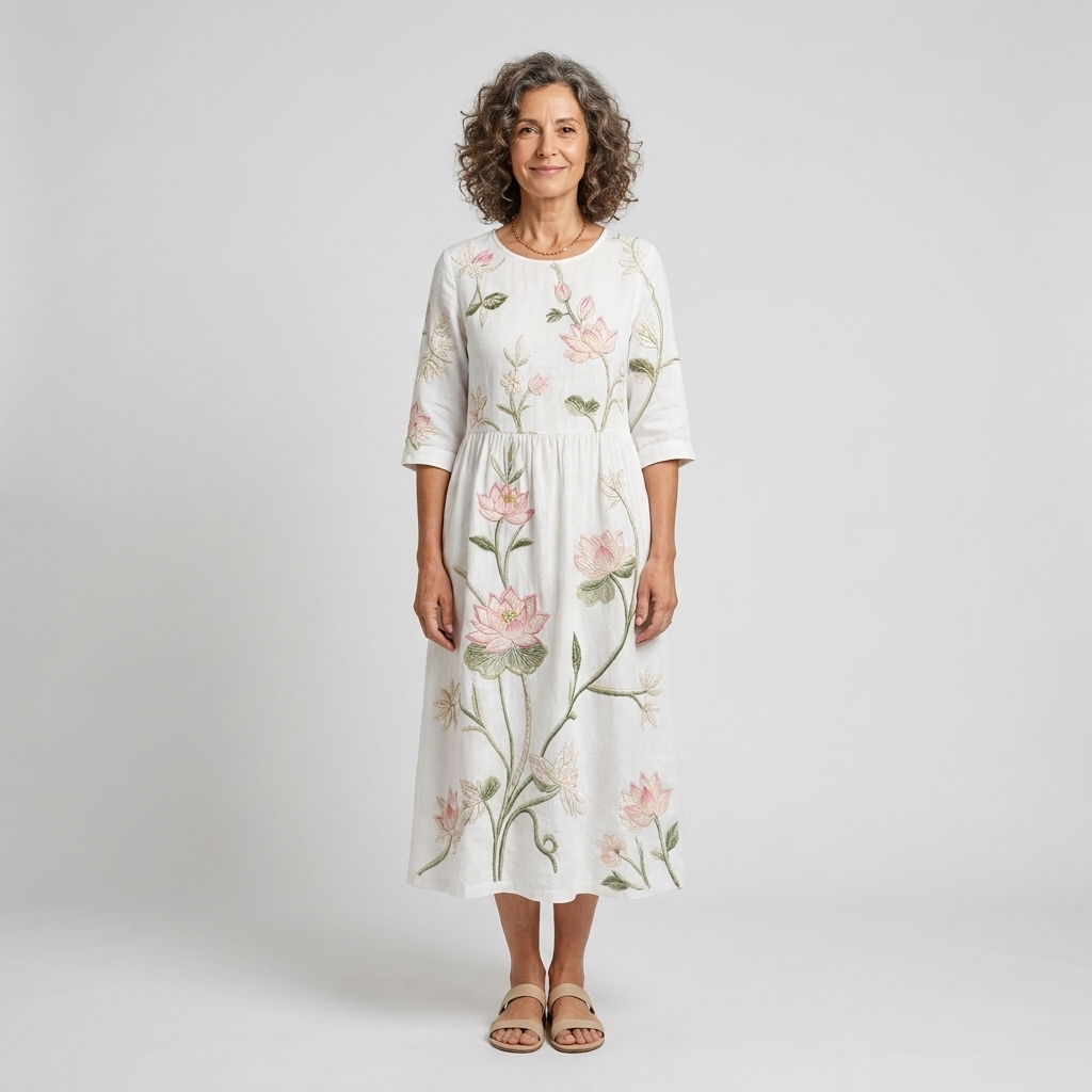 Loto | Vestido midi blanco con flores bordadas