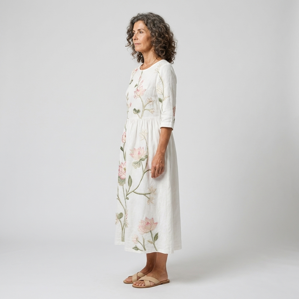 Loto | Vestido midi blanco con flores bordadas