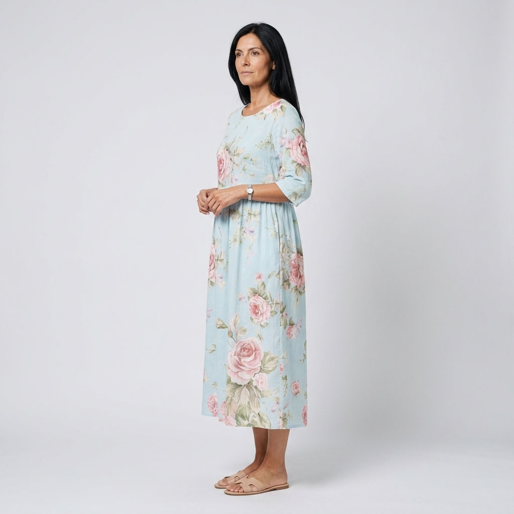 Celeste | Vestido midi azul cielo con estampado de rosas