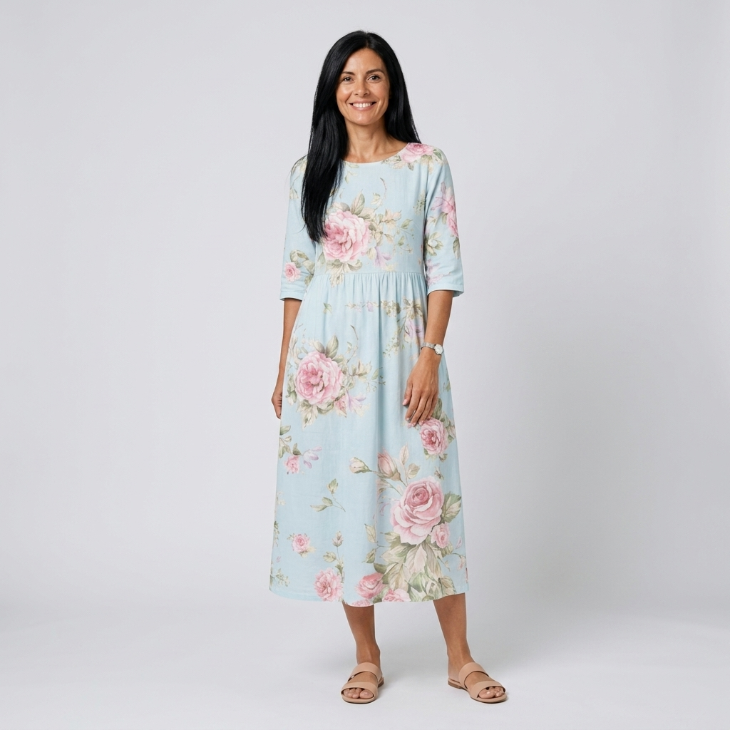 Celeste | Vestido midi azul cielo con estampado de rosas