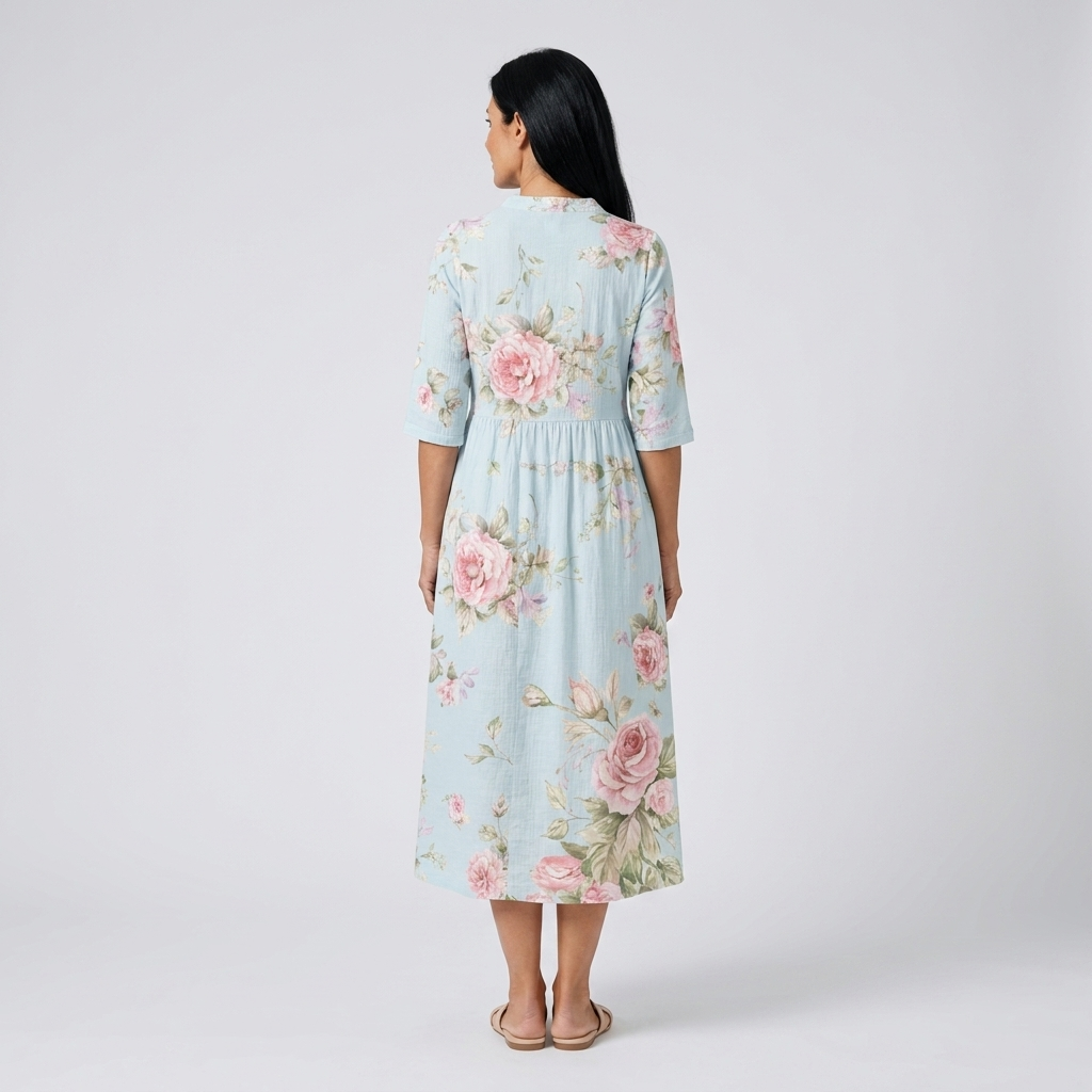 Celeste | Vestido midi azul cielo con estampado de rosas