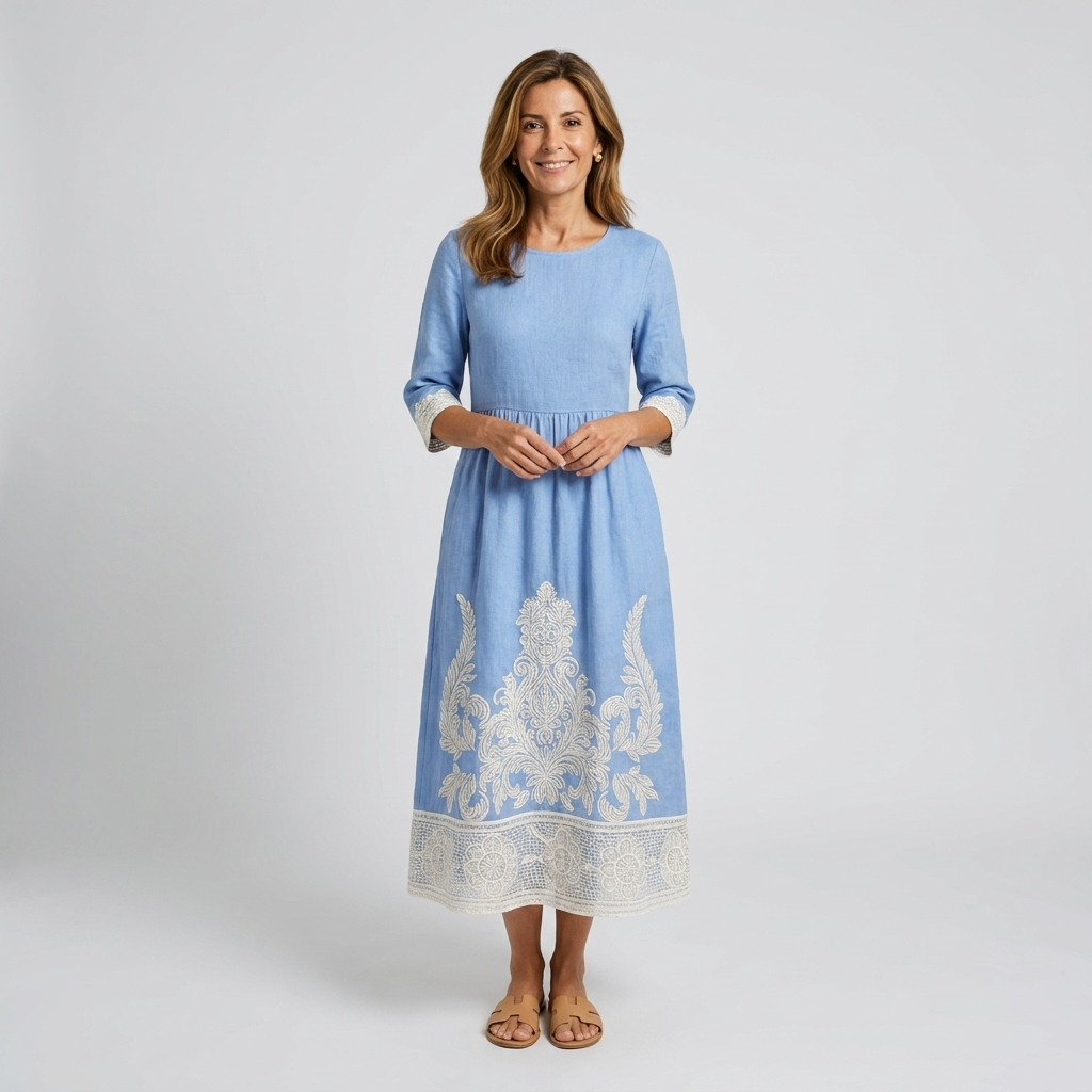 Marina | Vestido midi blanco con bordado azul