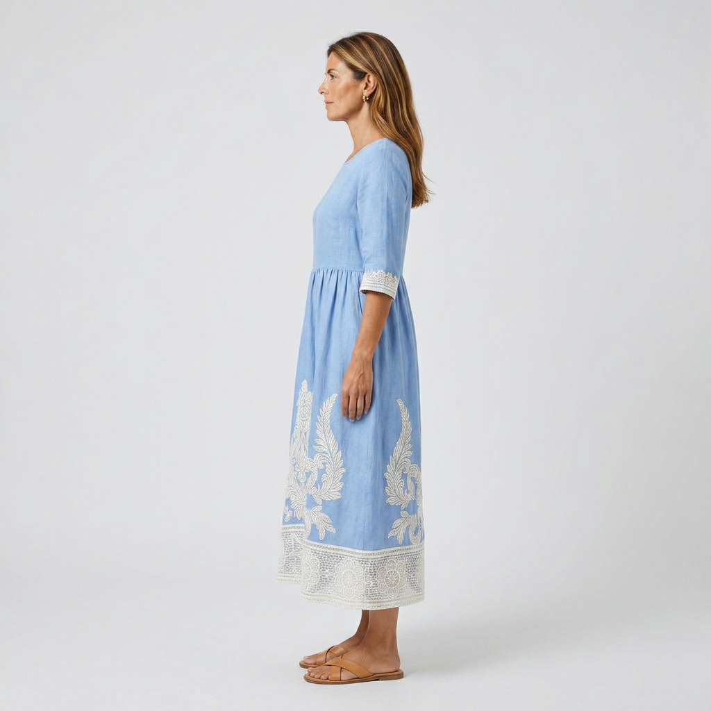 Marina | Vestido midi blanco con bordado azul