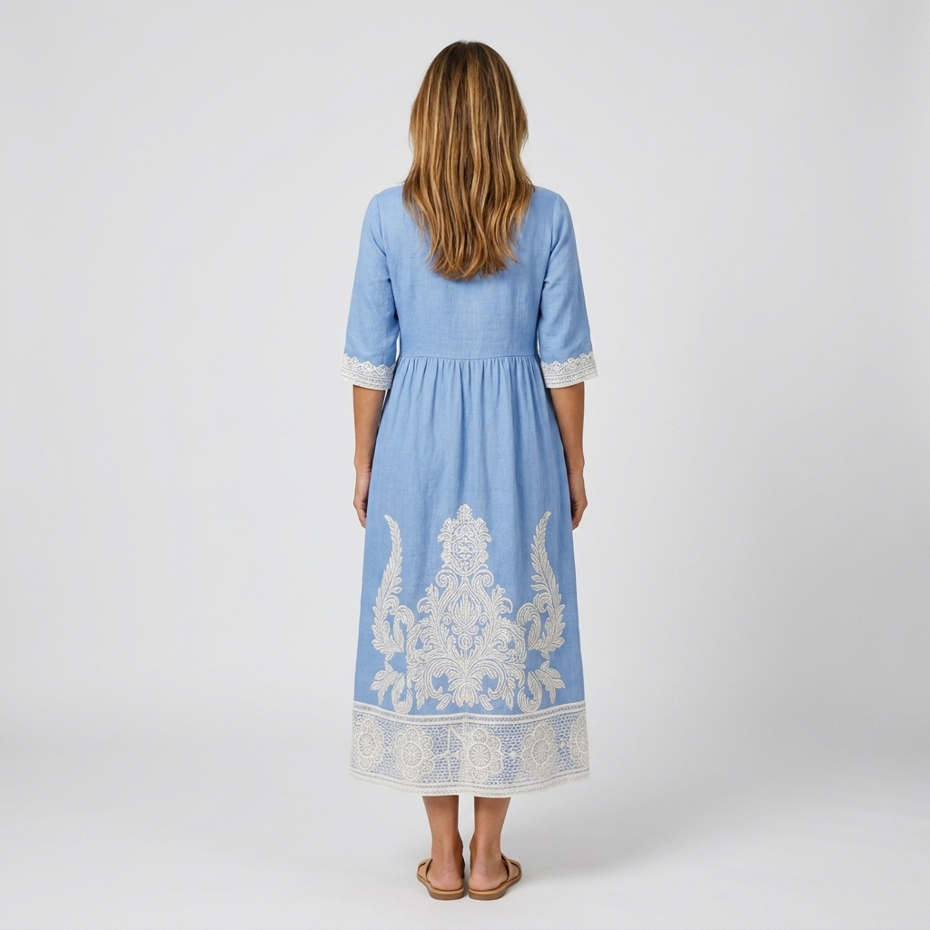 Marina | Vestido midi blanco con bordado azul
