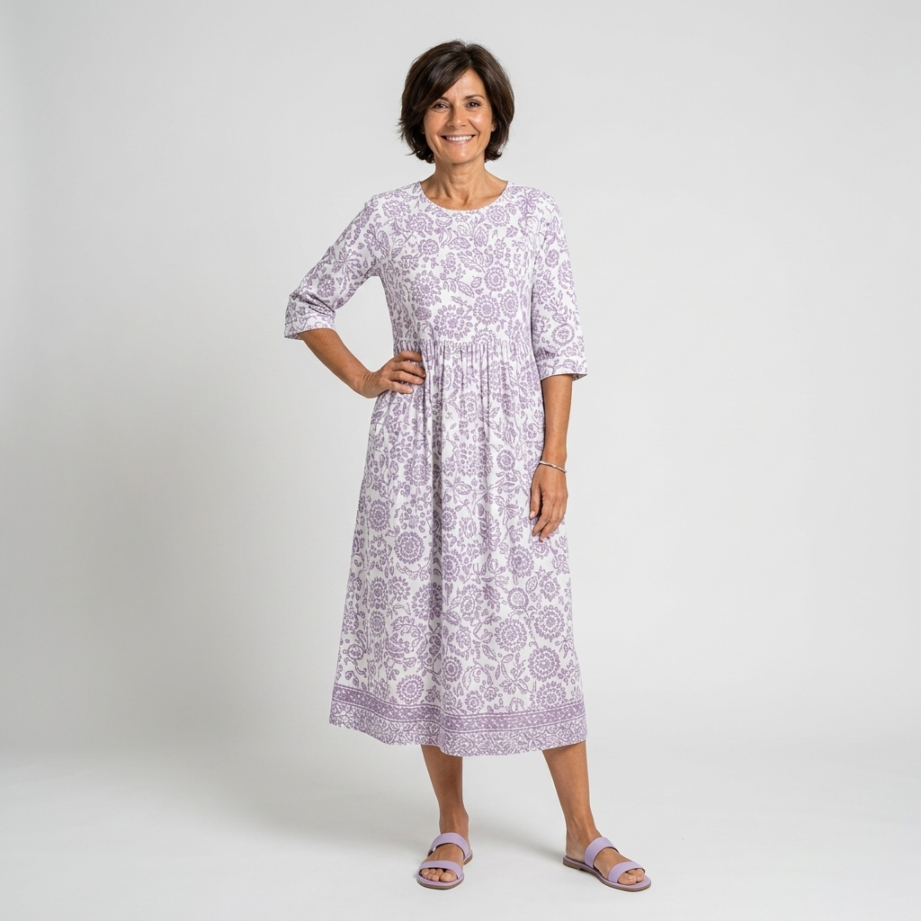 Violeta | Vestido midi blanco con estampado floral lila