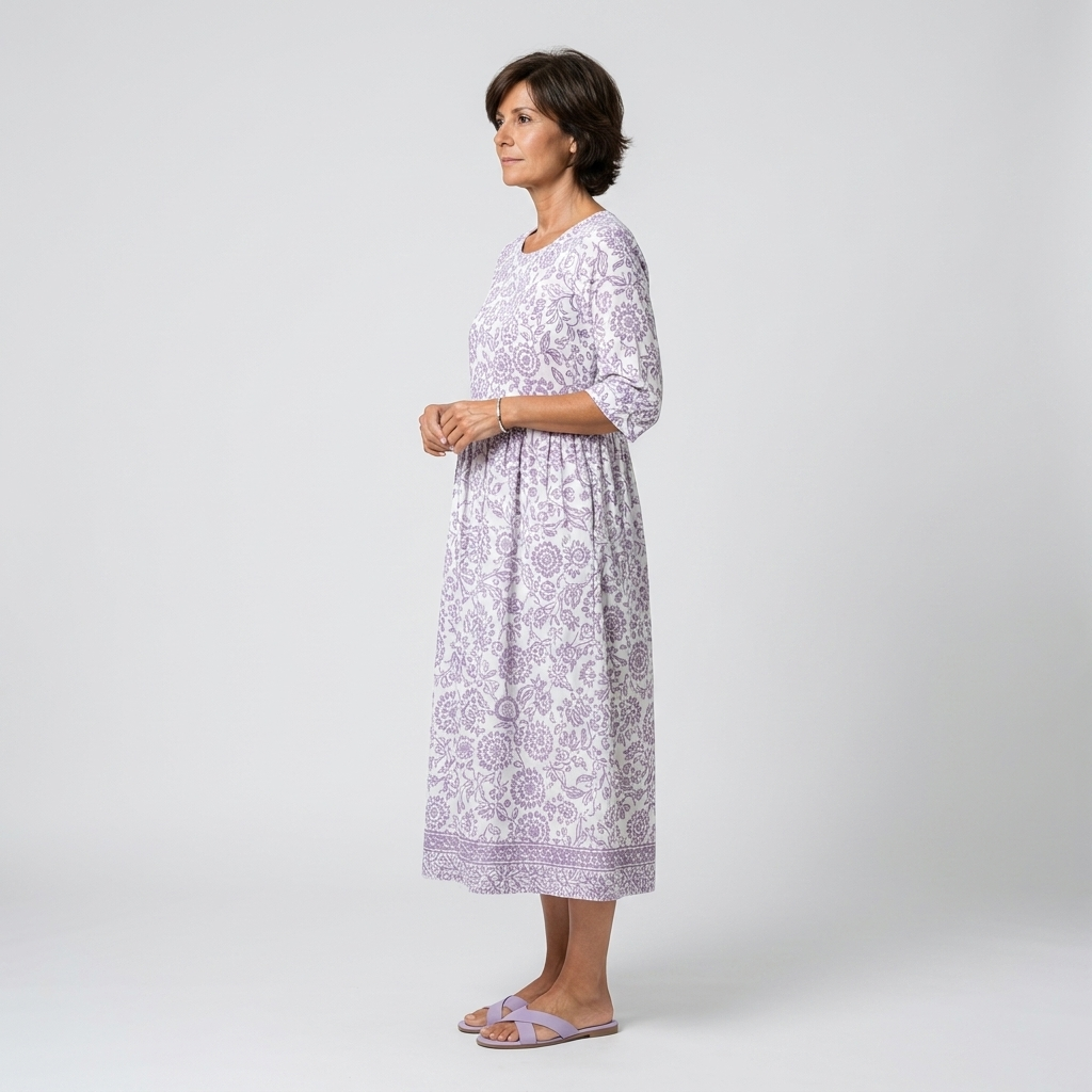 Violeta | Vestido midi blanco con estampado floral lila