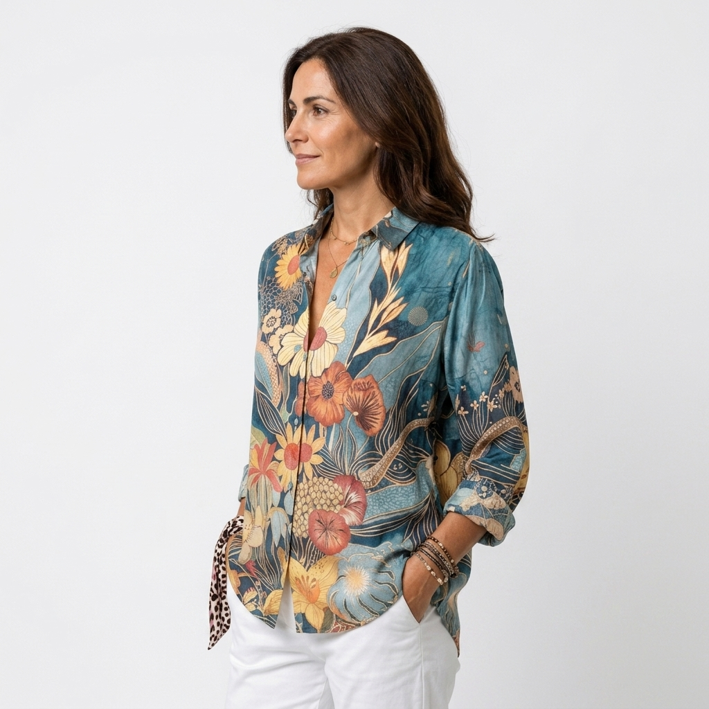 Carmen | Blusa floral artística azul petróleo