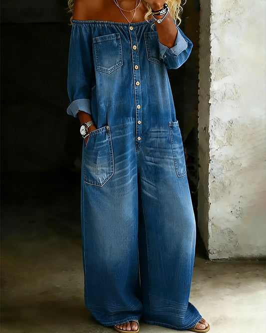 Mono Vaquero Off Shoulder con Pantalón de Campana